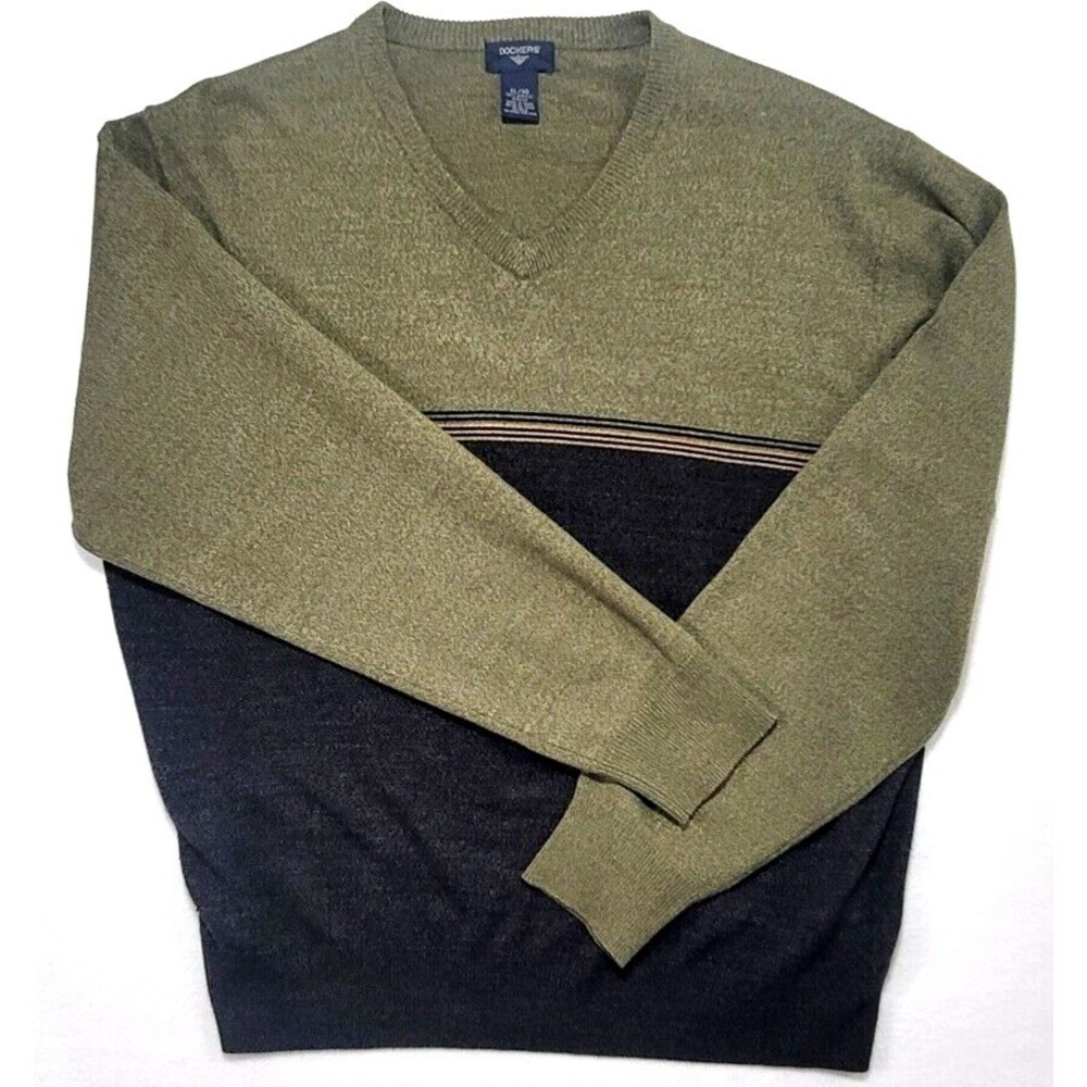 Dockers Mens Olive Green and Black Sweater V Neck Acrylic‎ Size XL